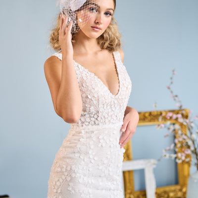 Model wear fit-n-flare Sumiko wedding dress from the Mademoiselle collection