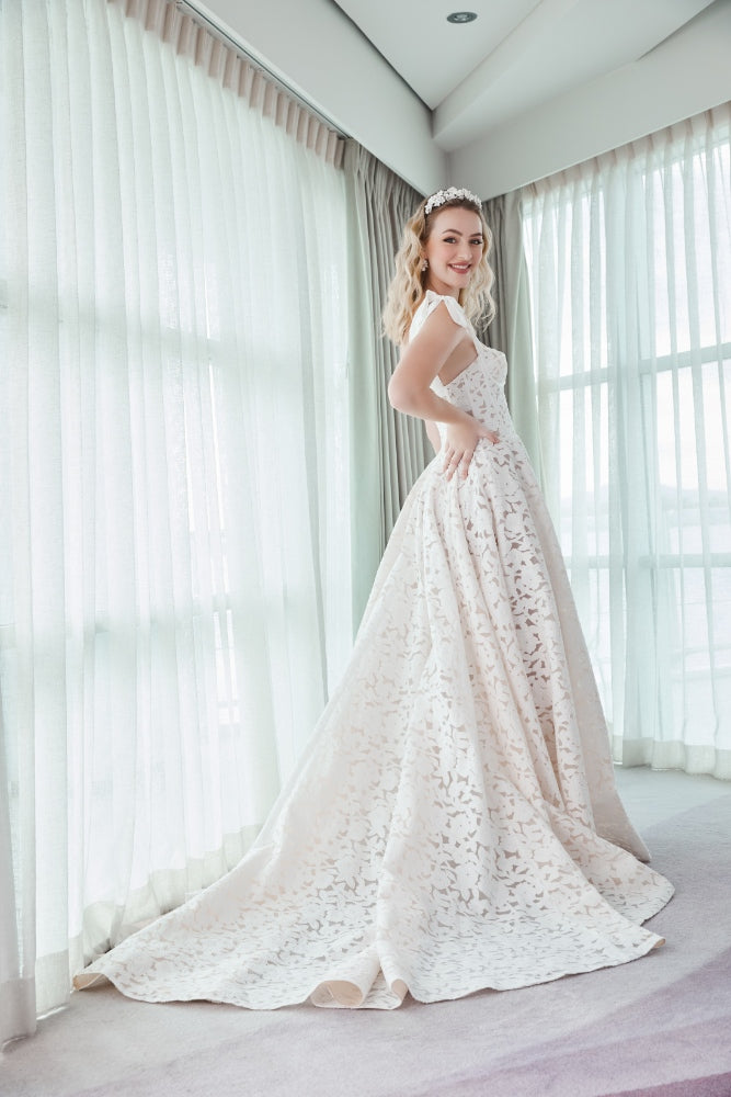 Long Sleeve Ivory Lace Tea Length Illusion Bridal Dress - VQ